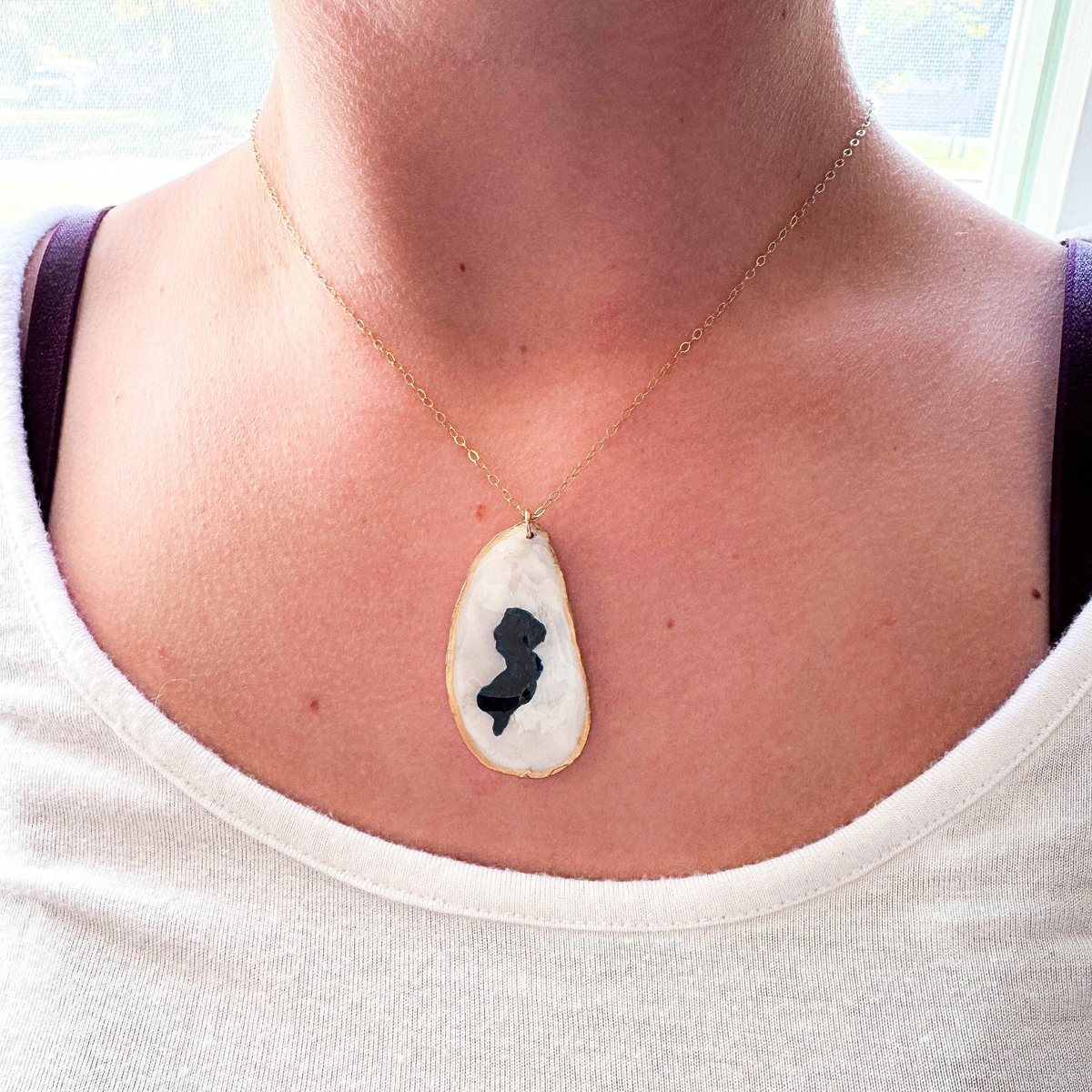One-of-a-Kind Hand-Painted Oyster Shell Necklace - New Jersey Motif