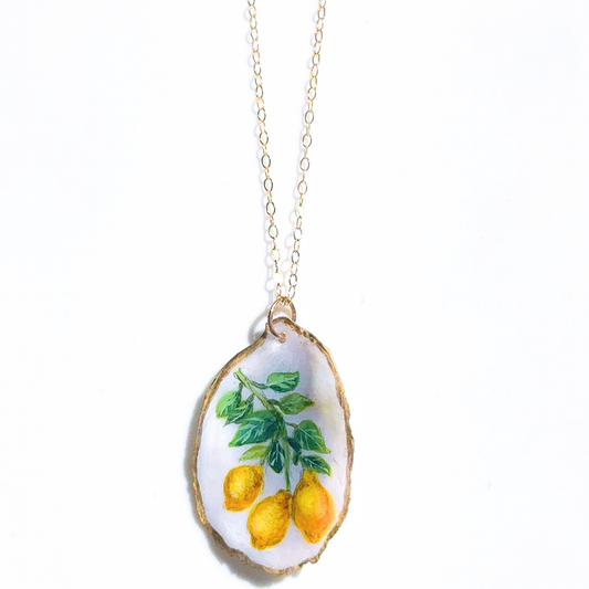 One-of-a-Kind Hand-Painted Oyster Shell Necklace - Lemons Motif