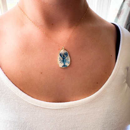 One-of-a-Kind Hand-Painted Oyster Shell Necklace - Blue Lobster Motif