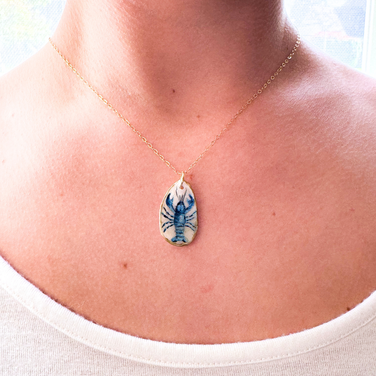 One-of-a-Kind Hand-Painted Oyster Shell Necklace - Blue Lobster Motif