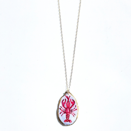 One-of-a-Kind Hand-Painted Oyster Shell Necklace - Red Lobster Motif