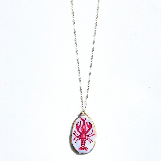 One-of-a-Kind Hand-Painted Oyster Shell Necklace - Red Lobster Motif