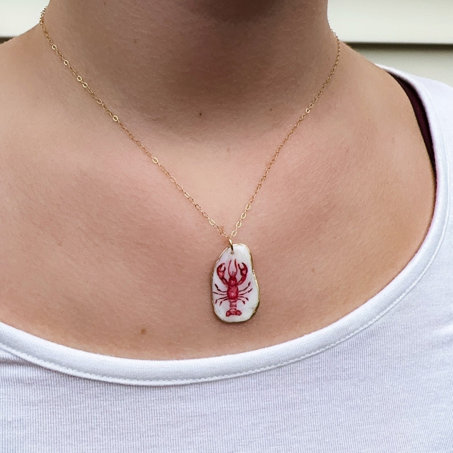 One-of-a-kind hand painted Oyster necklace- Lobster motif