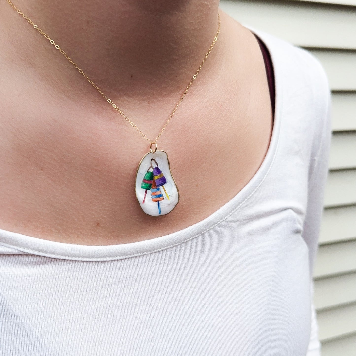 One-of-a-kind Hand-Painted Oyster Necklace: Buoy motif