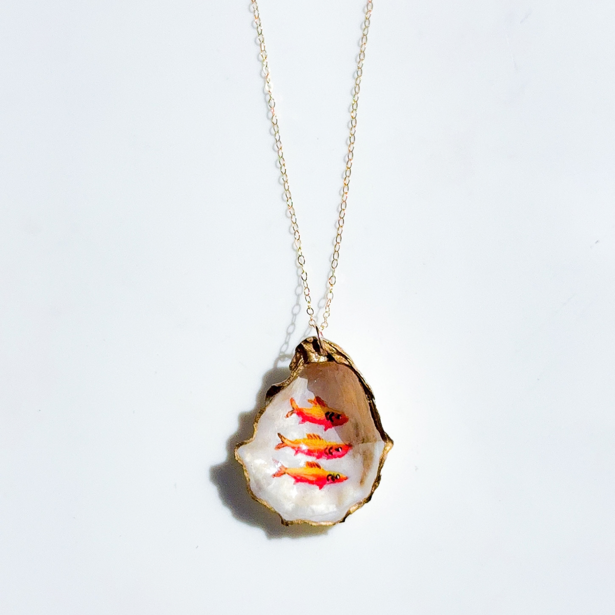 One-of-a-Kind Hand-Painted Oyster Shell Necklace - Fish Motif