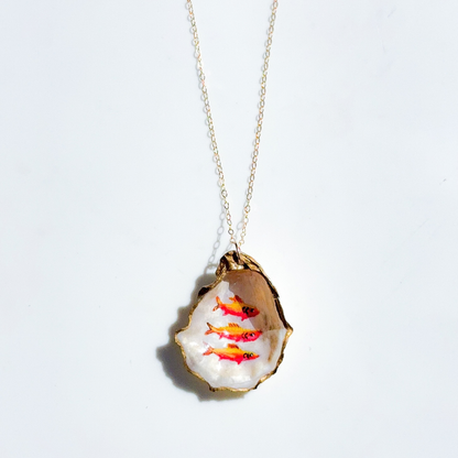 One-of-a-Kind Hand-Painted Oyster Shell Necklace - Fish Motif