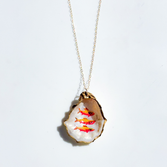 One-of-a-Kind Hand-Painted Oyster Shell Necklace - Fish Motif