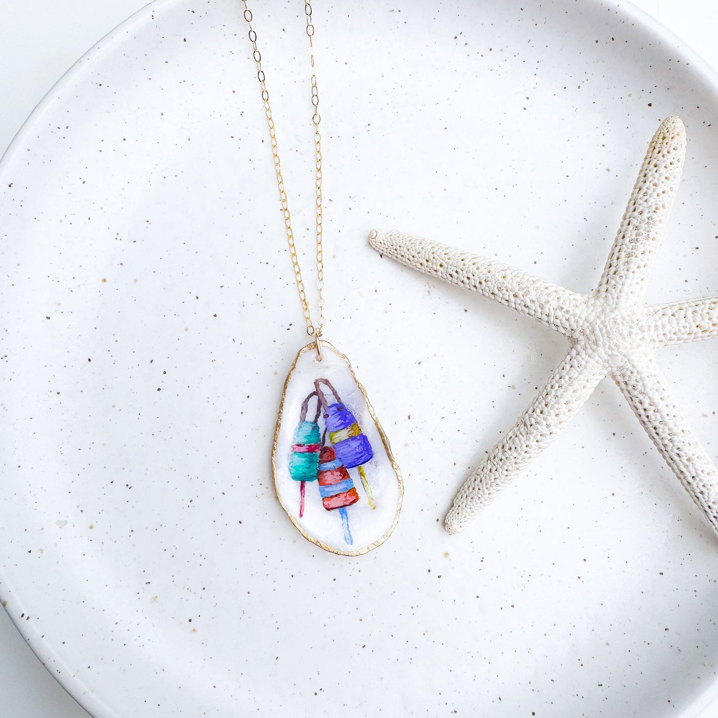 Hand-painted buoy motif oyster shell necklace with gold-filled chain by Northern Tides Studio