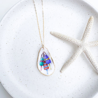 Hand-painted buoy motif oyster shell necklace with gold-filled chain by Northern Tides Studio