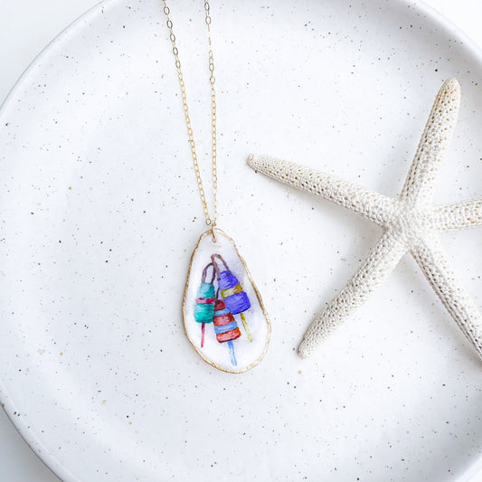 Hand-painted buoy motif oyster shell necklace with gold-filled chain by Northern Tides Studio