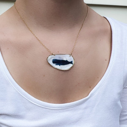 One‑of‑a‑Kind Hand‑Painted Oyster Shell Necklace – Blue Whale Motif